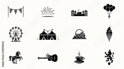 Cuadro en lienzo Vintage themed silhouette icons set featuring festive entertainment and cultural