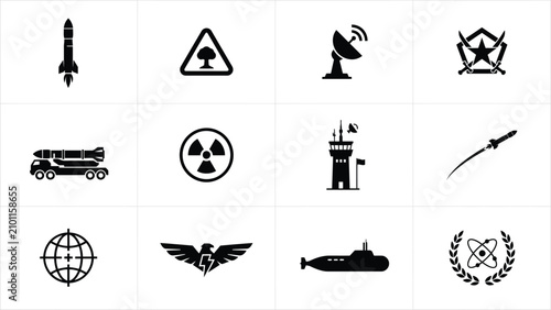 Modern black and white icon set featuring military space energy with high contrast 4x3 grid minimalist black icons representing diverse technological strategic themes