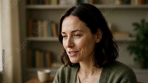 A woman with short dark hair is looking to the side, with a slight smile and appearing engaged in conversation.