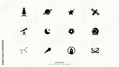 Schilderij op canvas Space exploration icon bundle featuring celestial bodies astronaut gear and disc