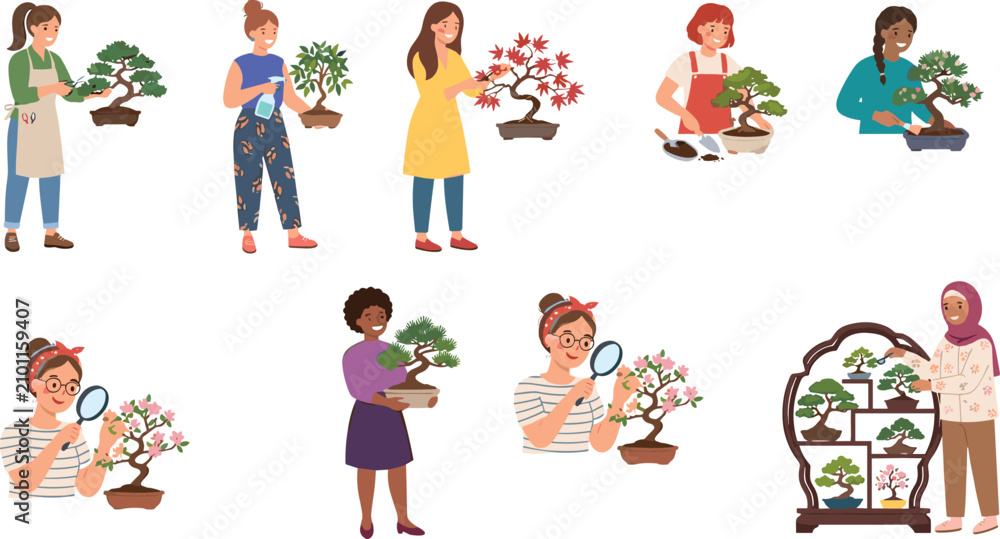Obraz premium Bonsai Care and Gardening Icon Set Featuring Diverse Female Characters Pruning Spraying Examining and Displaying Miniature Japanese Potted Trees