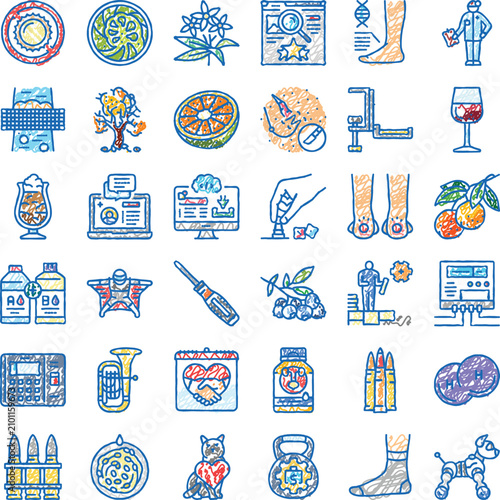 Canvas Print Diverse collection of hand drawn doodle icons featuring various objects and conc