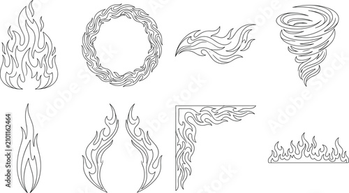 Flame and Fire Outline Design Collection with Burning Elements, Tornado, Wreath, Border, and Decorative Vector Illustration