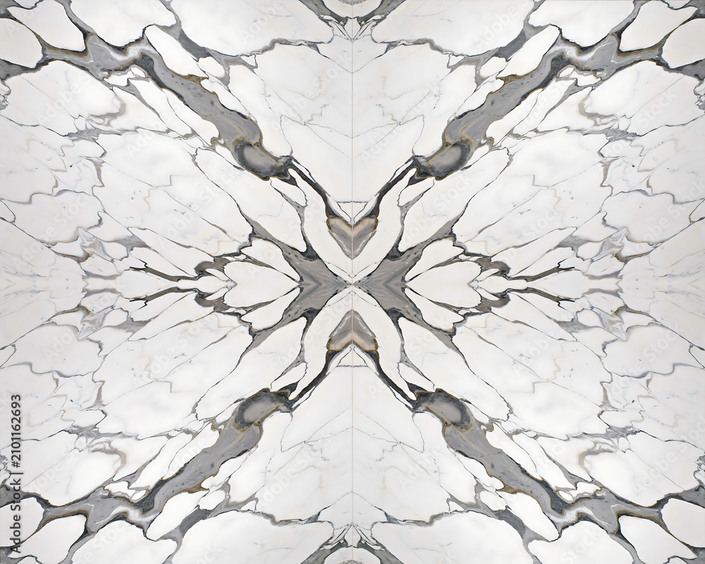 Fototapeta premium Symmetrical marble texture with abstract gray and white patterns, decorative natural stone for background.