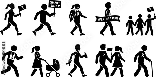 Charity and awareness walk silhouettes collection, fundraising and support design, community and activism concept, black vector illustration of people set