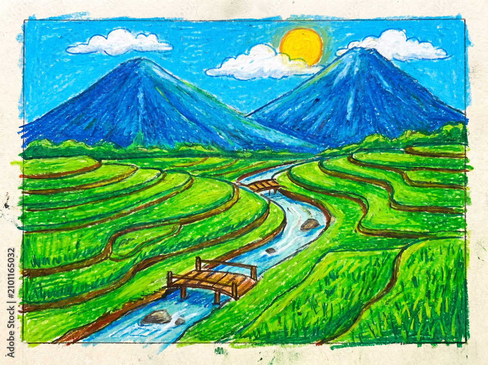 Obraz premium Colorful crayon drawing of mountain landscape with green terraced rice fields and river.