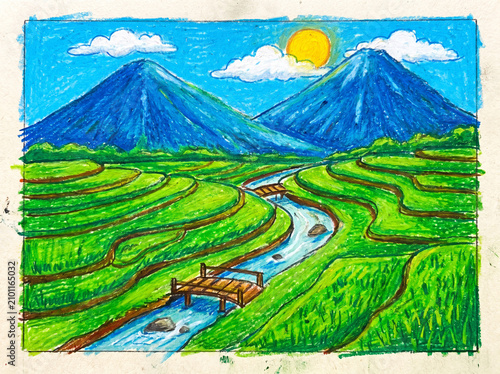 Colorful crayon drawing of mountain landscape with green terraced rice fields and river.