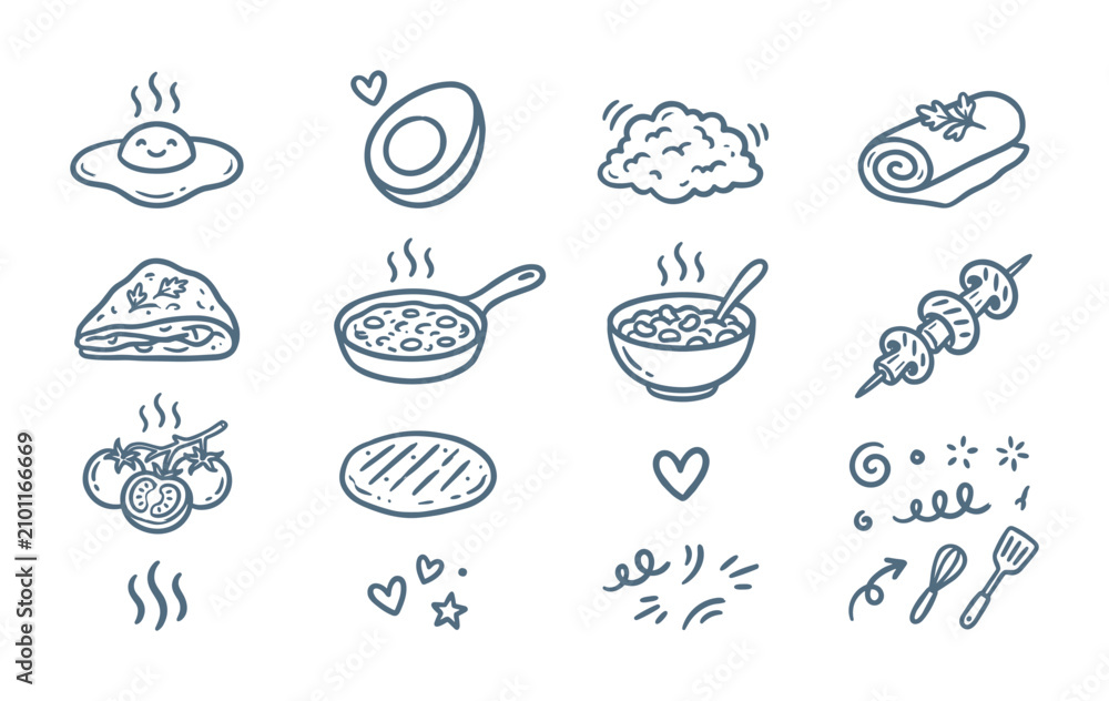Fototapeta premium Hand-drawn breakfast and cooking food doodle icon set on white background