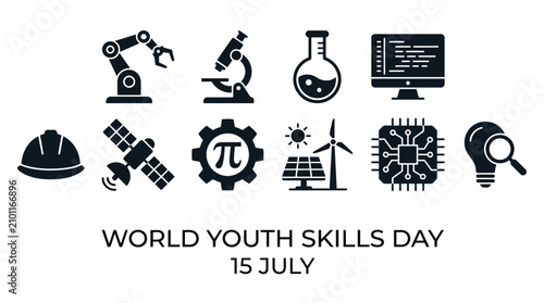Set of black flat vector science and technology icons for world youth skills day celebration