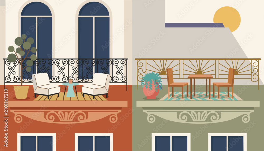Obraz premium Charming view of two distinct architectural balconies with cozy outdoor seating areas, plants, and tables on sunny day.