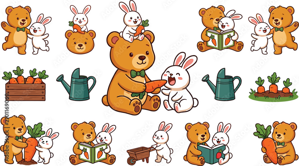 Fototapeta premium Cute Bear and Bunny Friendship Collection Featuring Adorable Animal Friends Reading Books Gardening Carrots Watering Plants and Cartoon Character Illustrations