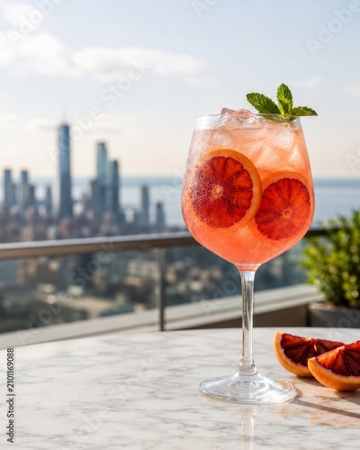 Cóctel con rodajas de naranja sanguina y vista de la ciudad