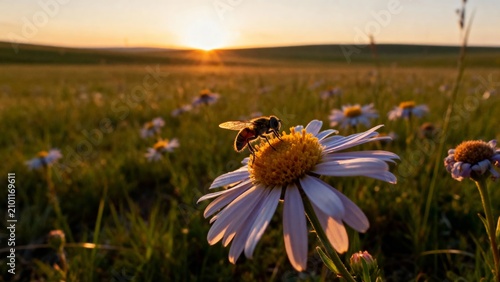 A bee pollinates a daisy in a meadow at sunset