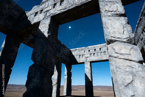 Ancient stone ruins with moon visible through archway against clear blue sky