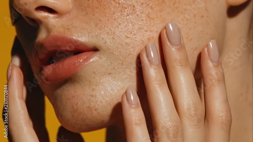 Close up of freckled woman with glossy lips and hands framing face
