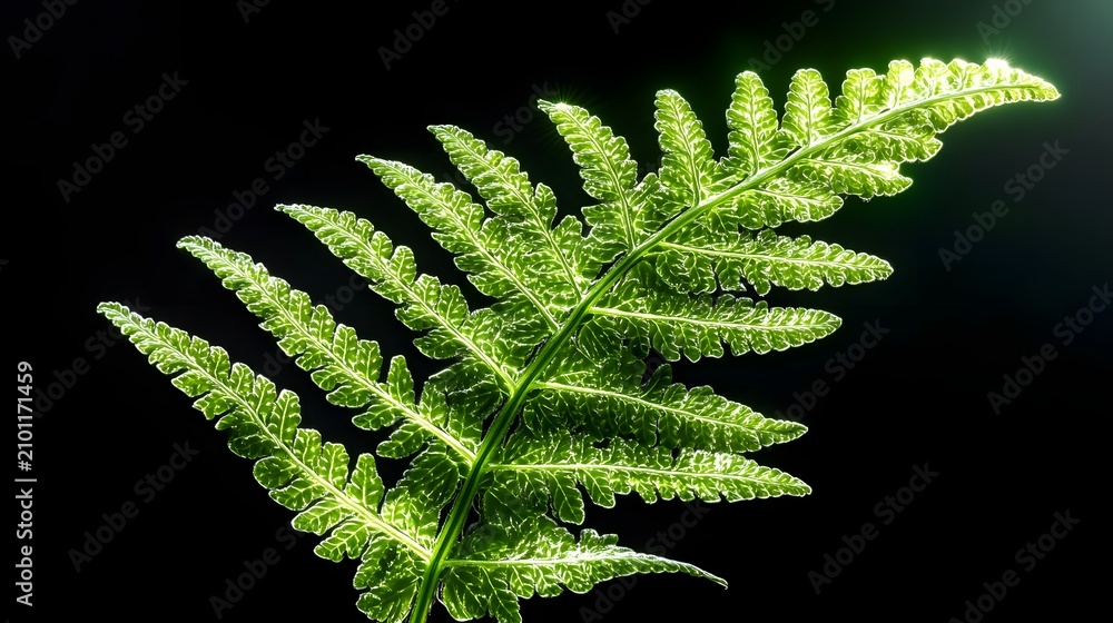 Fototapeta premium Backlit Green Fern Leaf on Black Background