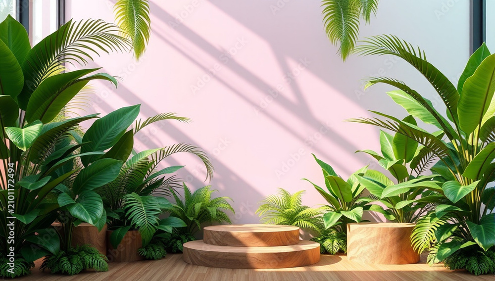 Fototapeta premium Wooden Podium Display with Tropical Green Plants and Pink Background