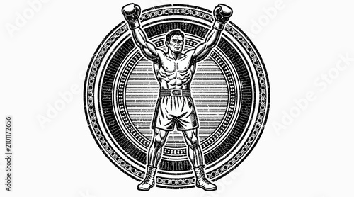 Vintage Boxer Champion Silhouette Victory Arms Raised Emblem Illustration
