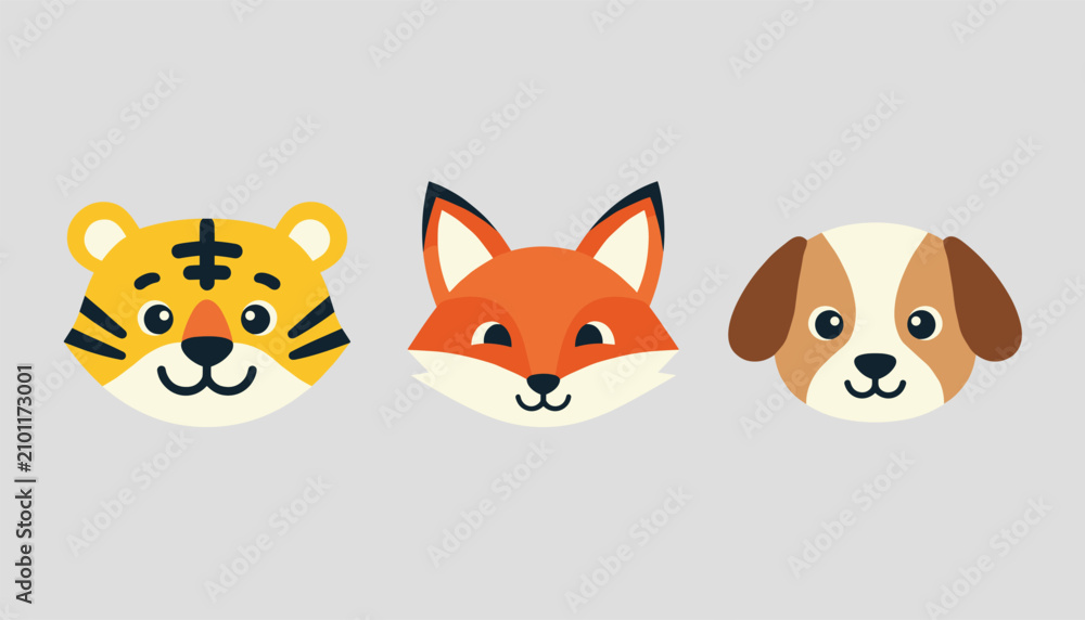 Fototapeta premium Set of three cute cartoon animal faces including a happy tiger, an orange fox, and a fluffy brown dog.