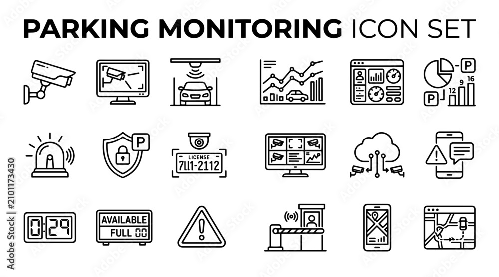 Fototapeta premium A collection of linear icons for parking monitoring, smart city surveillance, and vehicle management systems.