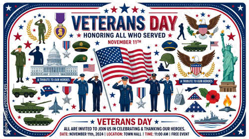 Veterans Day Celebration Poster - Honoring Heroes, Patriotism, Military Symbols