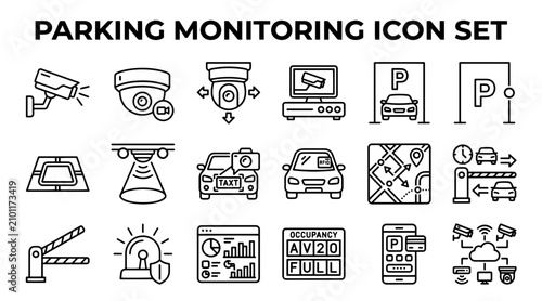Obraz na płótnie A collection of line art icons representing parking surveillance, security cameras, and smart traffic management