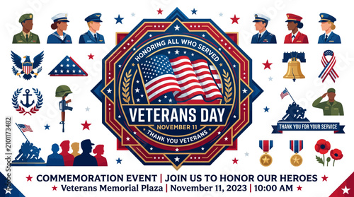 Veterans Day Celebration Poster with Patriotic Symbols and Military Personnel