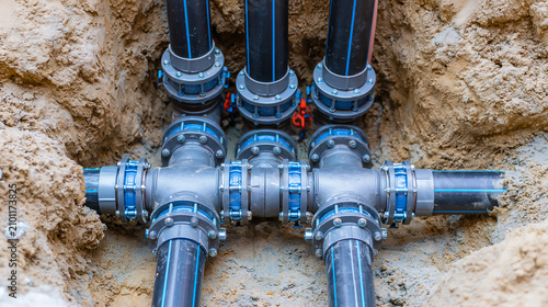 Interconnected plumbing pipes in a trench