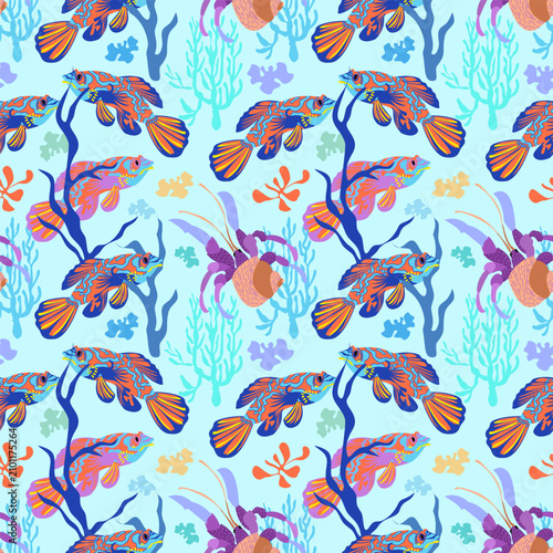 Seamless pattern with exotic mandarin fish and hermit crab in coral reef