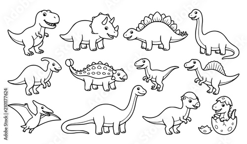 Photos Cartoon dinosaurs in black and white line art for coloring book or kids illustra