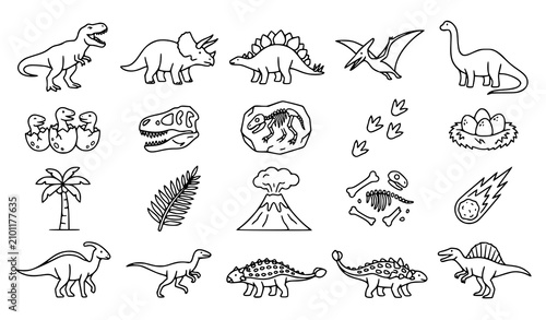 Fotografía Collection of various dinosaurs, plants, and prehistoric elements in a line art