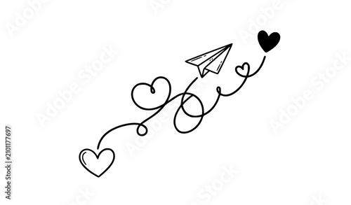 Konstfotografi Paper airplane flying with a trail of hearts in the air love
