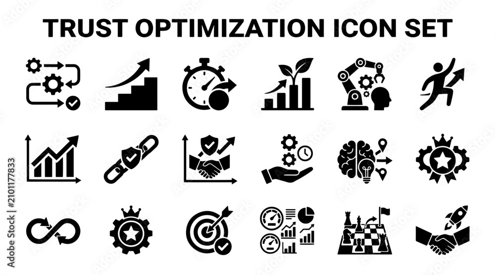 Fototapeta premium A collection of professional black vector icons representing business growth, strategy, trust, and optimization.