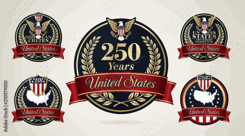 USA 250 Years Anniversary Emblem Set, American Patriotism, Freedom Symbol