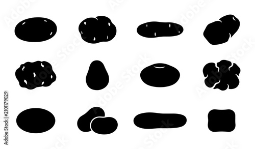Fotografie Set of 12 Black Potato Silhouettes, Vector Icons for Food and Agriculture Graphi