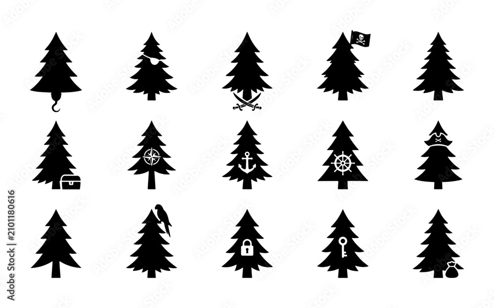 Obraz premium Christmas Tree Icons Collection, Festive Holiday Vector Graphics, Silhouette Pine Tree Symbols with Nautical and Pirate Elements, Seasonal Decoration Set