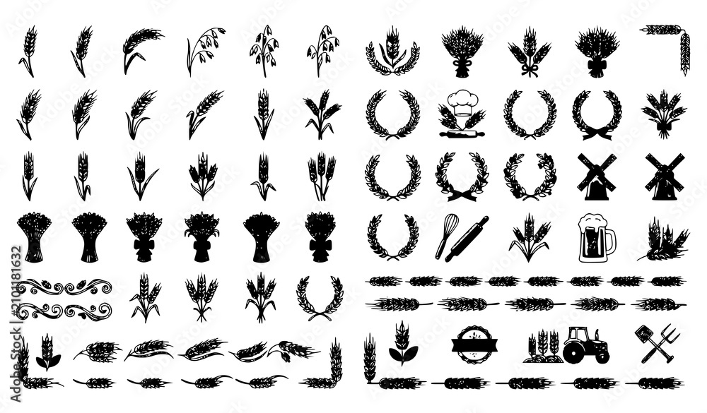 Obraz premium Golden Wheat and Grain Cartoon Vector Collection for Bakery Flour Organic Farm and Beer Label Design