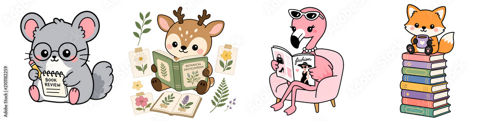 Fototapeta premium Cute animal reader book review kawaii mouse deer reading flamingo reading fox with books cozy reading book stack floral illustration Cute animal