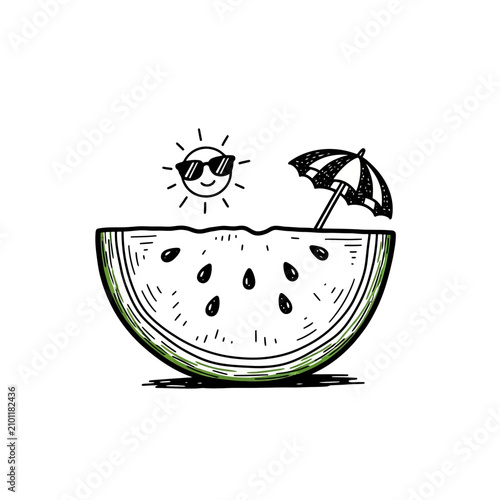 Watermelon Slice With Umbrella And Sun