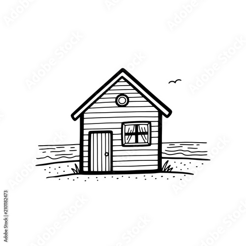 A Simple Black And White Drawing Of A Small Wooden House By The Sea