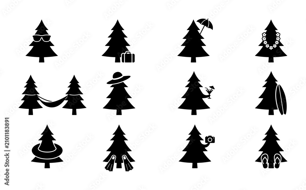 Obraz premium Christmas Tree Icons Set, Festive Holiday Vector Graphics, Winter Vacation Symbols, Seasonal Celebration Elements, Black and White Silhouettes