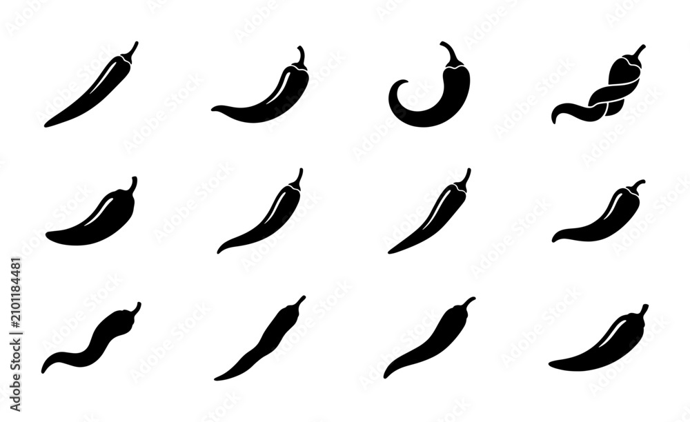 Fototapeta premium Chili Pepper Icons Set, Spicy Food Vector Graphics, Hot Ingredient Symbols, Culinary Design Elements