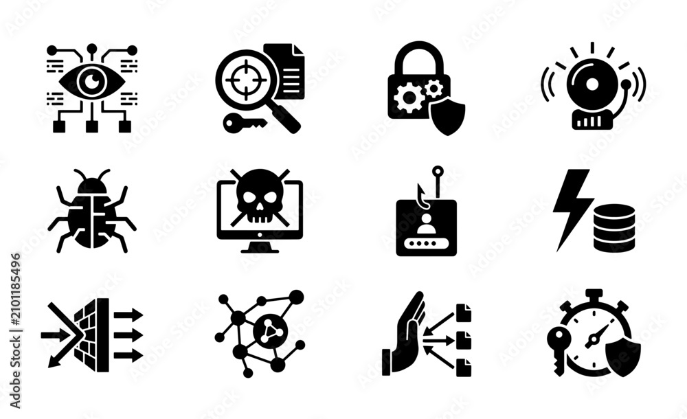 Fototapeta premium Cybersecurity Icons Set: Digital Security, Data Protection, Network Threats, and Antivirus Solutions, Vector Graphics