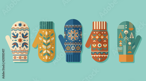 Konstfotografi Colorful scandinavian patterned mittens winter collection flat design