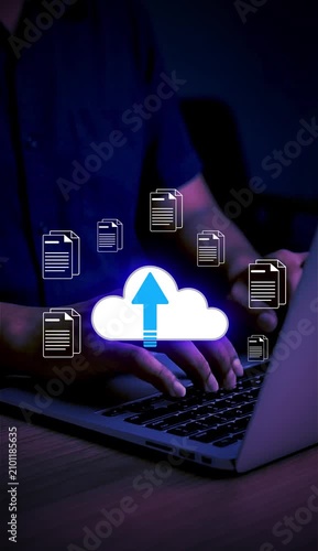 Cloud upload concept. Business Professional Uploading Files to Cloud Storage with Secure Data Transfer, Online Backup and Digital Document Management