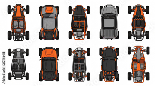 Top View Dune Buggy Collection with Generic Recreational Off Road Vehicles Three Color Vector Asset Set