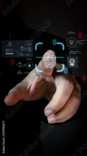 A person touches a virtual holographic fingerprint scanner interface with a glowing line, surrounded by data protection icons and binary code, illustrating cybersecurity.