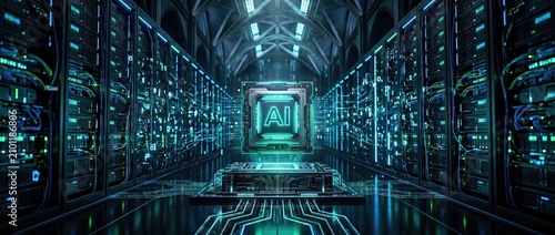 Futuristic data center with ai technology a high tech server room featuring advanced computing systems and neon lighting for artificial intelligence applications
