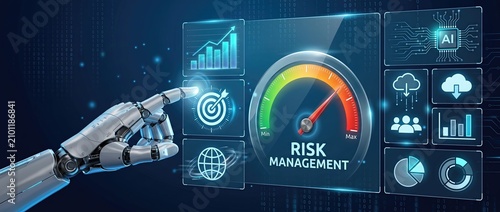 Futuristic robotic hand interacting with a holographic display showcasing risk management metrics ai analytics and global data visualization concepts.