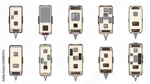 Top View Caravan and Travel Trailer Collection with Generic RV Camping Vehicles Three Color Vector Asset Set